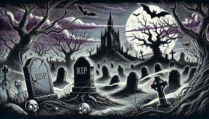  Halloween banner featuring a spooky, eerie graveyard scene. The graveyard is filled with ancient, weathered tombstones, some leaning or cracked.