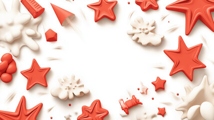Obraz premium Red and white stars and abstract shapes forming a frame on a white background.