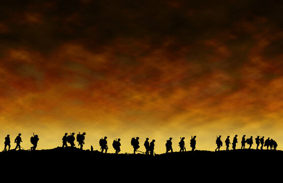 World War One Soldiers Silhouettes Below Cloudy Skyline At Dusk or Dawn