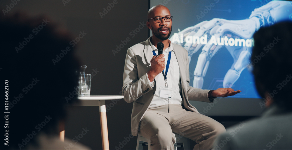 Poster black man, stage and microphone at conference for technically and ai discussion as public speaker. m