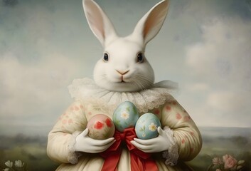 Fototapeta premium White rabbit holding Easter eggs, dressed in victorian clothing, soft faded pastel colors, cloudy background, fairytale watercolor.