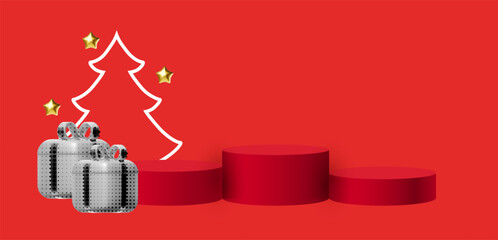 Obraz premium Christmas and New Year background with round podium. Empty scene. Christmas tree with gift boxes. Halftone Pop Art design. Greeting card, Sale banner, special offer poster