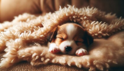 A sleeping puppy nestled in a cozy blanket, exuding warmth and tranquility.