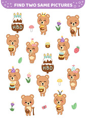 Find two same pictures. Bear birthday. Game for children. Cartoon, vector