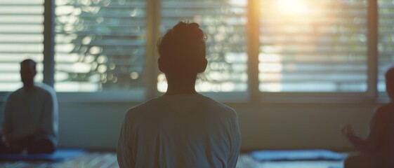 A serene yoga class is silhouetted against soft morning light filtering through window blinds, creating a peaceful ambiance.