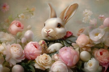 White rabbit holding Easter eggs, dressed in victorian clothing, soft faded pastel colors, peonies, fairytale watercolor.