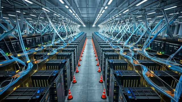 Overhead View of Glowing Fiber Cables Connecting Servers in Data Center