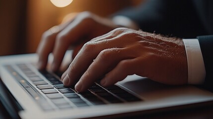 A person in a suit types on a sleek laptop, with a focus on their hands in a minimalist office environment.