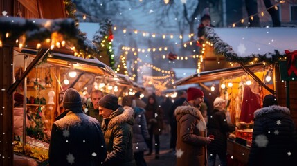 Fototapeta premium Tourists browsing the stalls of the christmas market, enjoying the holiday spirit and shopping for gifts and souvenirs. Happy New Year Merry Christmas
