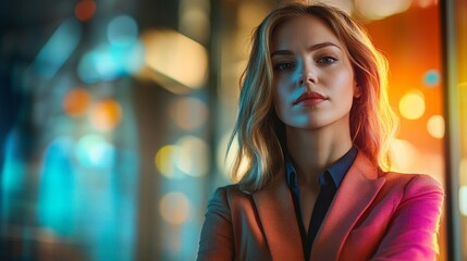 Fototapeta premium A confident woman with blue eyes in a blue shirt, set against a vibrant background of business icons, showcasing female leadership.