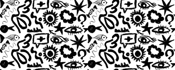 Seamless pattern  of hand drawn black charcoal doodle shapes and squiggles in childish girly style. Pencil drawings isolated on white. Eyes, stars, geometric shapes, fish and cloud doodle collage elem
