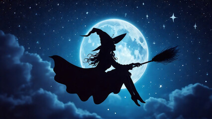 Naklejka premium a witch flies with her broom at night, on a full moon