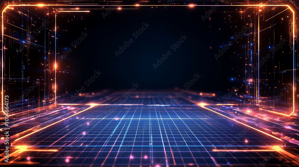 Poster Abstract digital grid with glowing lines and particles.