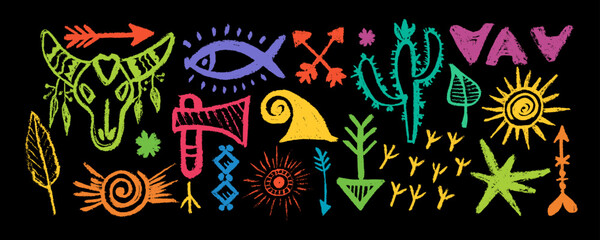 Set  with ancient  indian tribal esoteric doodles in style boho. Vector flat graphic design illustration. Isolated colored flat vector boho symbols illustrations. 