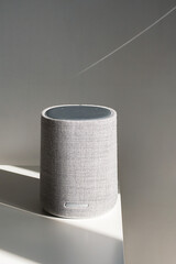 Modern gray speaker on table with soft shadows and light.