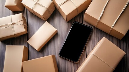A mobile phone with a blank black screen among packages and packaged cartons, the concept of secure e-shopping. Integrating advanced modern technologies into practical life. 