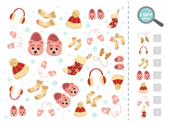 I spy game for kids with cute warm clothes. Search and count how many. Math game. Vector