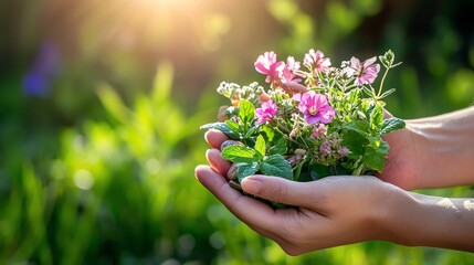 A serene image of hands holding a bouquet of pink flowers, surrounded by vibrant green foliage, illuminated by warm sunlight.