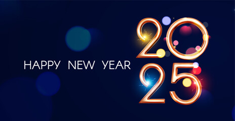 Happy New 2025 Year poster template with bokeh light effects. New Year gold number. Calendar design