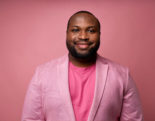 Fototapeta premium Man Wearing Pink Suit Against Studio Background