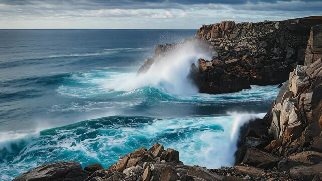 Powerful ocean waves crashing against rugged cliffs