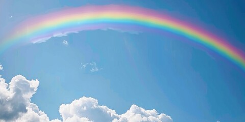 Bright rainbow in blue sky with clouds. Weather and nature concept.