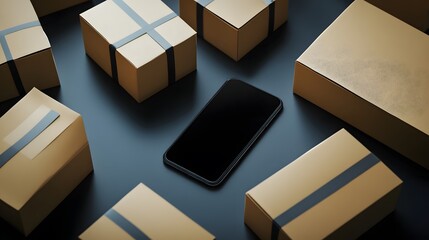 A mobile phone with a blank black screen among packages and packaged cartons, the concept of secure e-shopping. Integrating advanced modern technologies into practical life. 