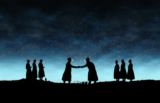 World War One Silhouettes of German and British Soldiers Shaking Hands During 1914 Christmas Truce Below Snowy Winter Cloudy Skyline At Dusk or Dawn