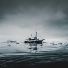 A boat floats in icy waters under an overcast sky, capturing the stillness and isolation of the remote arctic expanse, serene and pristine.
