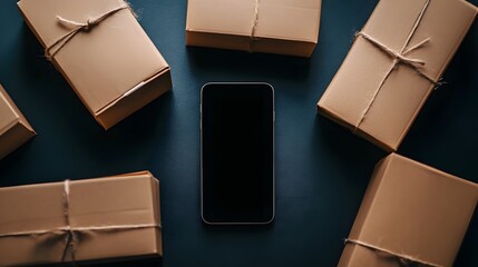 A mobile phone with a blank black screen among packages and packaged cartons, the concept of secure e-shopping. Integrating advanced modern technologies into practical life. 