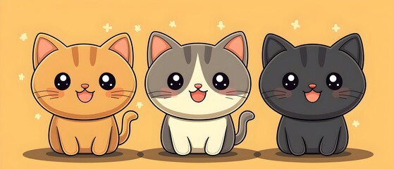 Three adorable cartoon cats with big eyes and happy expressions sitting on a yellow background.