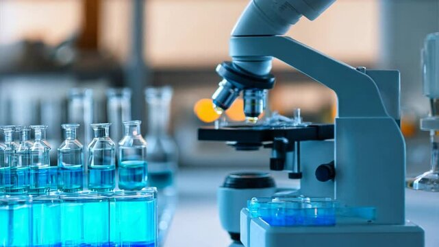 biological lab equipment,scientist use microscope in laboratory room ,generative ai
