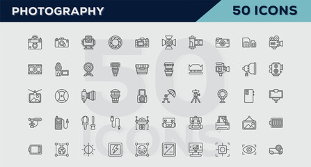 Set of 50 outline icons related to Photography. Linear icon collection. Editable stroke. Vector illustration