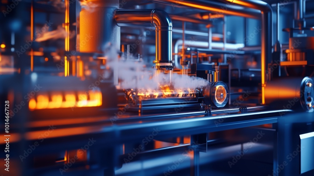 Aufkleber a complex arrangement of pipes and machinery emits steam while glowing orange. the machinery operate
