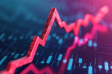 A red line graph with a zigzag upward trajectory represents financial growth, displayed over a blurred stock market chart with candlestick data.