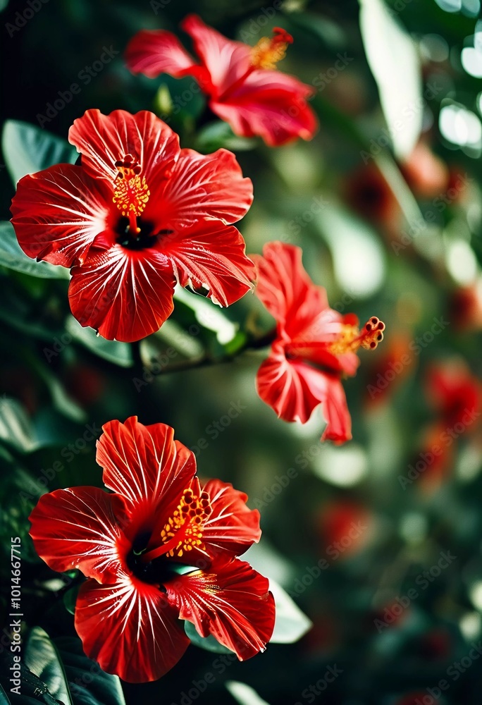 Wall mural bright red hibiscus flowers showcase intricate petals in flourishing garden. the lush greenery creat