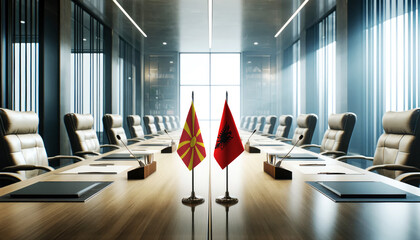 A modern conference room with Macedonia and Albania flags on a long table, symbolizing a bilateral meeting or diplomatic discussions between the two nations.