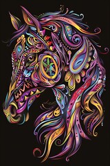 Horse head with bright tribal patterns.