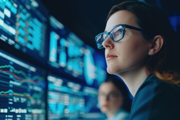 Naklejka premium A woman with glasses focused on analyzing financial data displayed on multiple digital screens in a modern, technology-driven workspace, symbolizing data analysis and innovation.