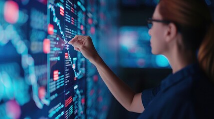 Naklejka premium A woman in glasses interacts with a large digital screen displaying financial data, graphs, and charts, analyzing trends in a modern office setting.