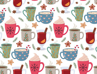 Winter seamless pattern with hot drinks, sweets and pines. Background of hand drawn christmas cups
