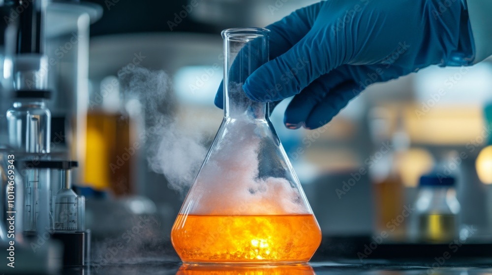 Aufkleber a scientist in a laboratory is carefully pouring a vibrant orange liquid into a glass flask while st