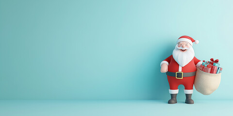 Kleiner lustiger Weihnachtsmann Comicfigur h&auml;lt Sack mit Geschenke. Freier Platz f&uuml;r Werbetext. Werbebanner Postkarte Weihnachtsgr&uuml;sse