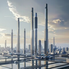 Sleek skyscrapers pierce the sky as a modern cityscape unfolds, mixing innovation and elegance against a dynamic dawn.