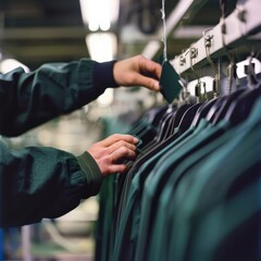 Hands in a jacket carefully sort through a rack of dark, neatly aligned garments in a softly lit retail environment.