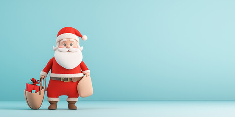 Obraz premium Kleiner lustiger Weihnachtsmann Comicfigur hält Sack mit Geschenke. Freier Platz für Werbetext. Werbebanner Postkarte Weihnachtsgrüsse