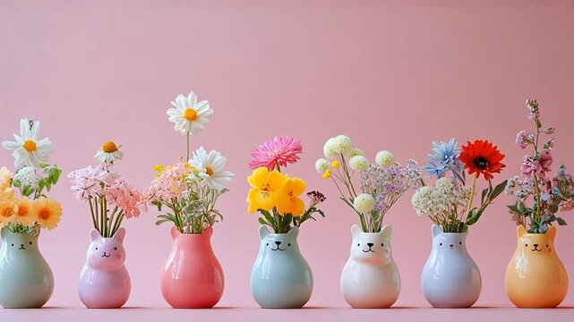 
handmade child like clay vases decorated with chunky patterns like rainbows and animals in ivory and pastel colors, crafted, gerbera flowers
