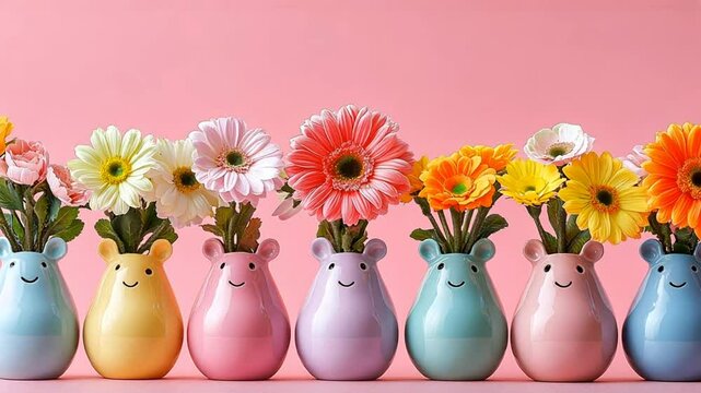 
handmade child like clay vases decorated with chunky patterns like rainbows and animals in ivory and pastel colors, crafted, gerbera flowers