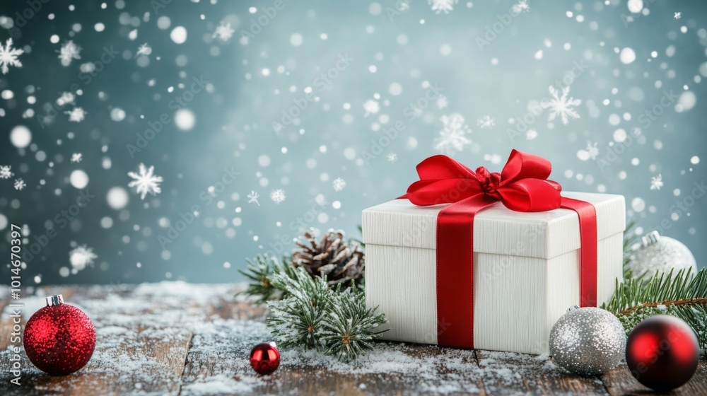 Poster a white gift box with a red ribbon is wrapped around it and tied in a bow. the box sits on a wooden 