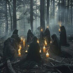 Hooded figures gather in a mysterious forest, their outlines softened by mist and illuminated by flickering candlelight, suggesting an enigmatic ritual.